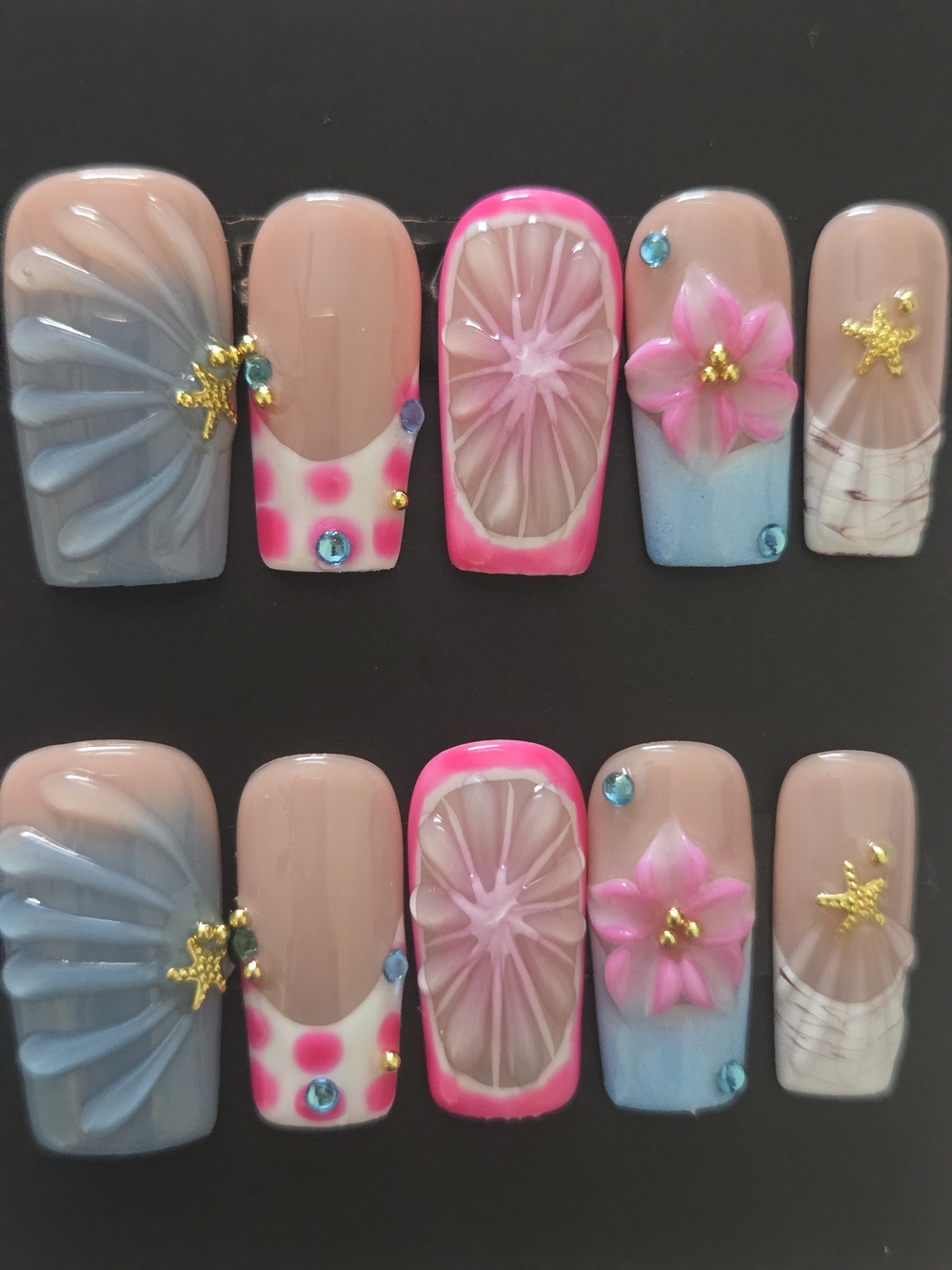 Hand Crafted Pink & Blue 3D Floral Rhinestone Press-On Nails